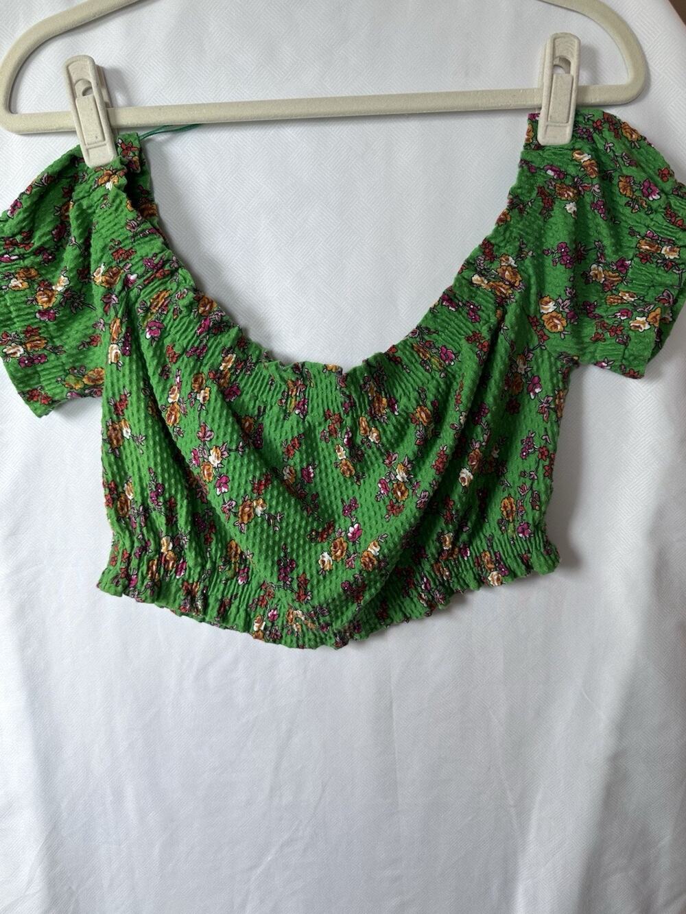 Topshop Green Floral Crop Top US 8 Puff Sleeve Smocked Cottagecore Boho Blouse